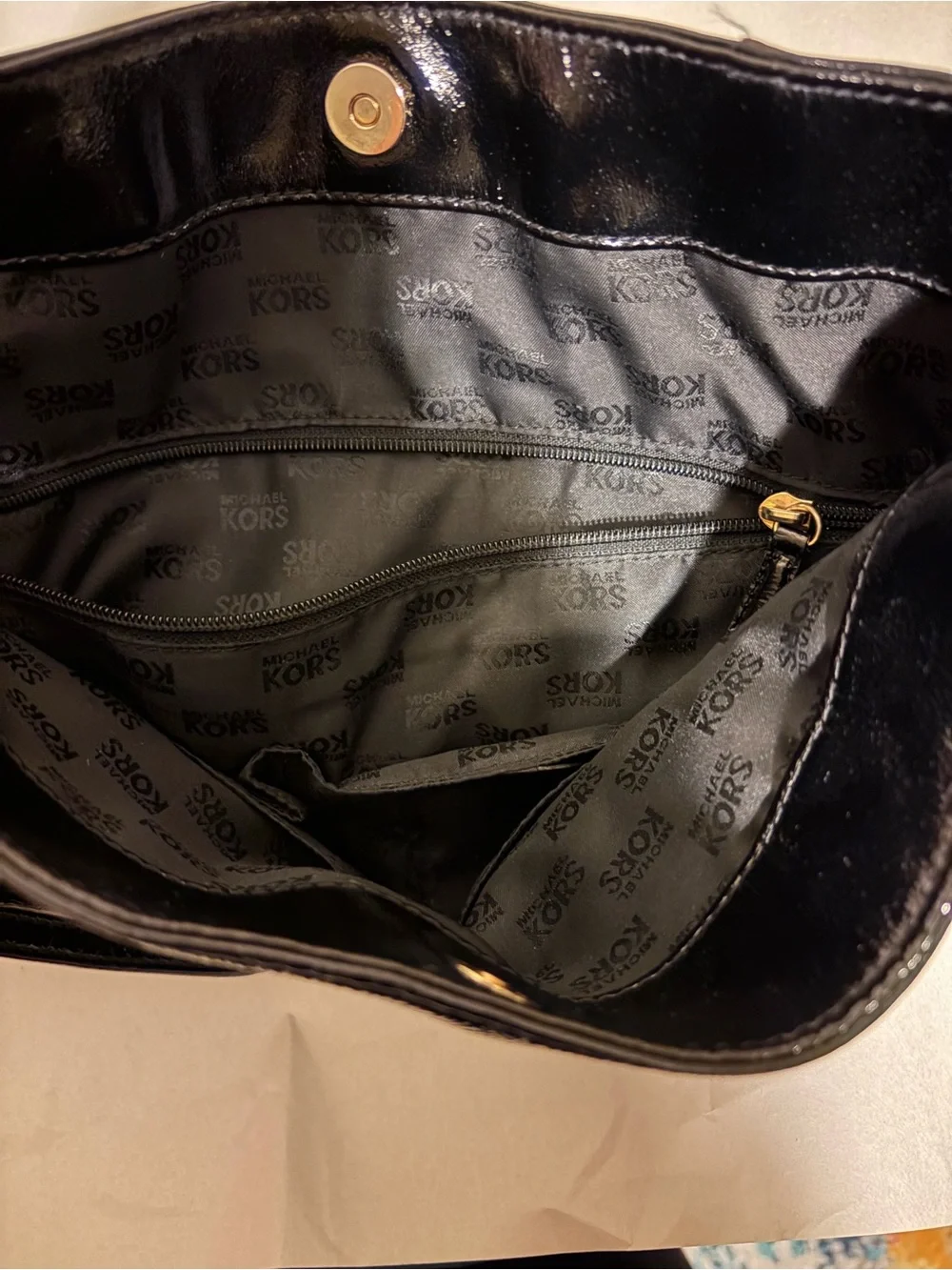 Michael Kors Black Patent Hobo with Gold Chain Accents
